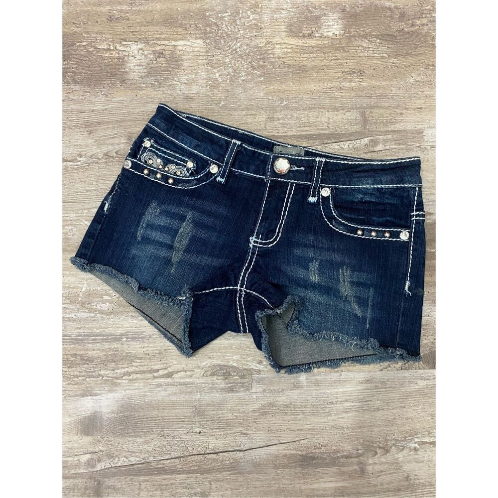 Twelve K Denim Jean Shorts Embellished Bling Flap Pocket Rhinestone Juniors Sz 3